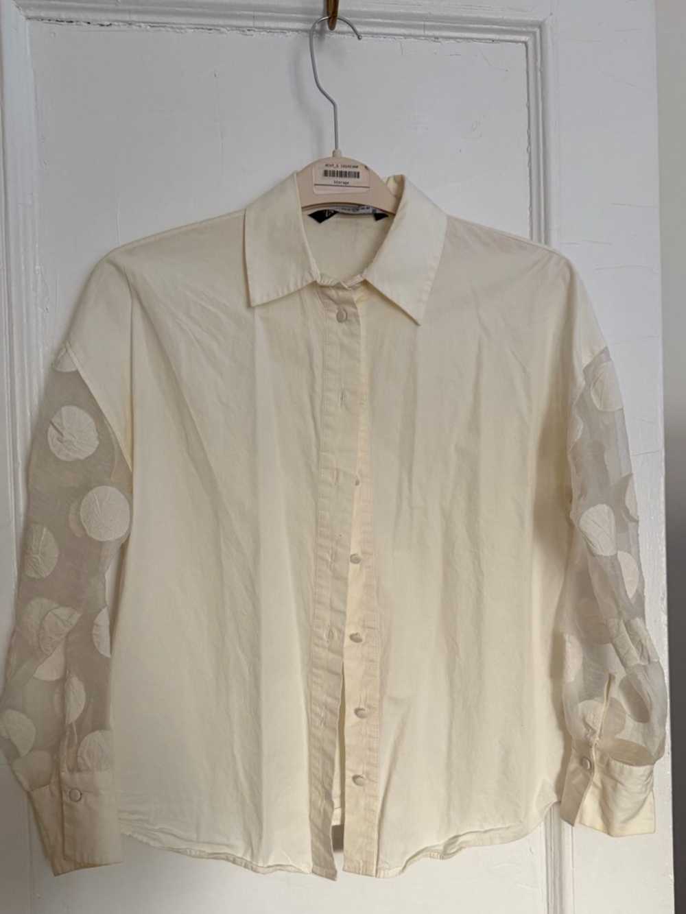 Zara Cream Button-Down Shirt with Sheer Polka Dot Sleeves